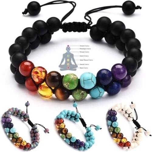 7 Chakra 8mm Natural Stone Bracelet Double Woven Rope Chain Yoga Healing Balance Bracelet for Men Women Jewelry Adjustable