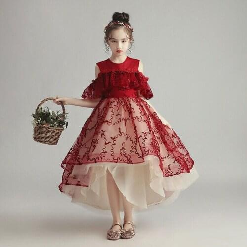Flower Girl Dresses Illusion Embroidery O-Neck Short Princess Knee-Length Lace Tulle Luxury Burgundy Lovely Kids Party Gown H358