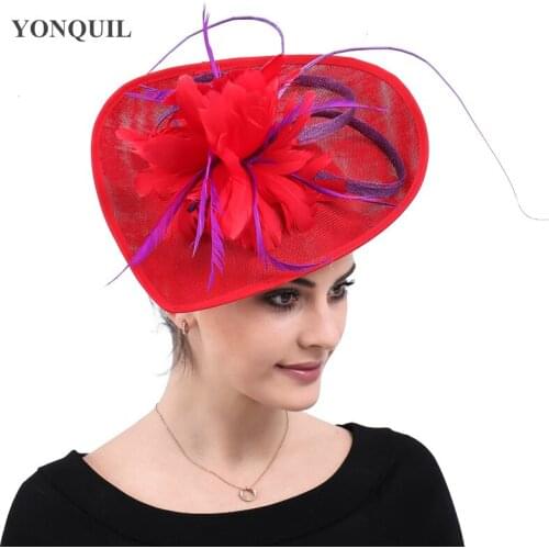 Elegant Women Red Derby Kenducky Fascinators Headwear Purple Feathers Hair Accessories Chapeau Caps Headbands Church Headpieces