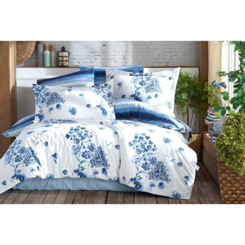 Double Ranforce %100 Cotton Duvet Cover Set 6 Pieces Double Sided Quilt Cover Pillowcases Bed Sheet/Bedspread -Blue Gardenia