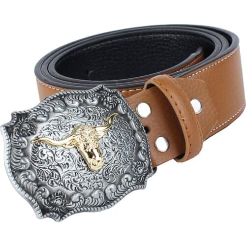Rodeo Bull Head Arabesque Cowboy Belt Leather Strap For Men Women Black Buckle Jeans Casual Business Belt