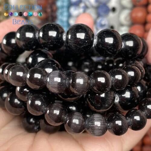 Natural Black Cat Eye Stone 4/6/8/10/12 MM Loose Round Beads For Jewelry Making DIY Bracelets Accessories Wholesale 15"