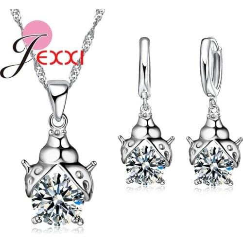 Cute Animal Design Pendant Real 925 Sterling Silver Necklace & Earrings Women Rhinestone Crysta Pendants Necklace&Earrings