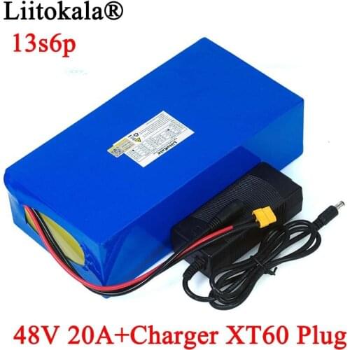 LiitoKala 48V 20ah 13s6p Lithium Battery Pack 48V 20AH 2000W electric bicycle battery Built in 50A BMS XT60 plug+54.6V Charger