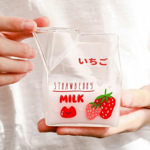 Kawaii Square Milk Carton Glass Cup Cute Strawberry Creative Breakfast Cup For Home Portable Student Transparent Milk Cups