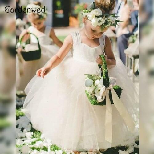 Wide Straps Cute Ball Gown Tulle Flower Girls Dresses 2020 New Elastic Band Back Adjustable Communion Dresses Vestidos Primera