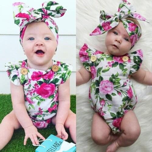 New Infant Baby Girl Floral Romper Jumpsuit+ Headband Outfits Romper Headwear Sunsuit Set