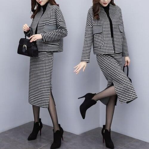 New Womens Autumn and Winter Woolen Two-piece Skirt Skirt Casual Fashion Suit Female Houndstooth Skirt