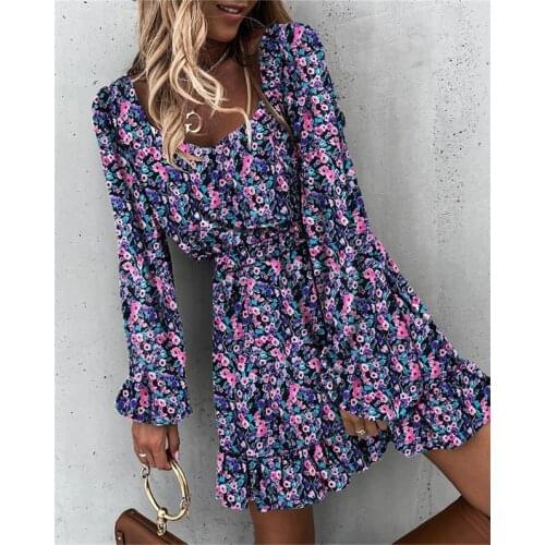 Autumn Long Sleeve Square Collar Floral Dress Women Casual Ruffle A Line Print Dresses 2021 Slim Female Boho Mini Party Vestidos