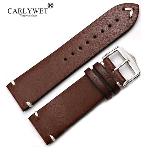 CARLYWET 20 22mm Cowhide Leather Brown VINTAGE Wrist Watch Band Strap Belt Silver Buckle For Omega Daytona Oyster IWC Casio