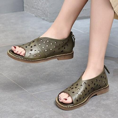 Open Toe Women Sandals Female Genuine Leather Retro Summer Shoes 2021 New Flat Sewing Handmade Hollow Concise Ladies Sandals