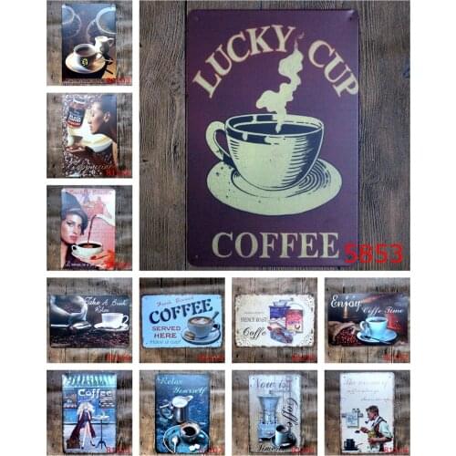 Vintage Tin Signs of Lucky Cup Coffee Enjoy Coffee Time Take A Break Relax Premium Quality for Cafe Bar Restaurant Decoration