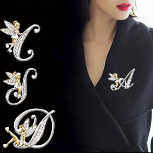 Lovely A-Z 26 Letters Brooches Women Girl Metal Crystal Flower Fairy Lapel Suit Shirt Collar Pins Brooches Jewelry Accessories