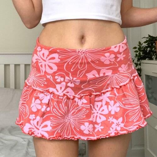 Womens A-Line Mini Skirt High Waist Floral Print Frill Trim Above Knee Short Skirt