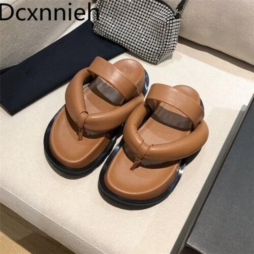 Women Genuine Leather One Strap Summers Beige Slippers Women Flip Flops Open Toe Thick Bottom Flat Shoes Woman Fashion Sandals