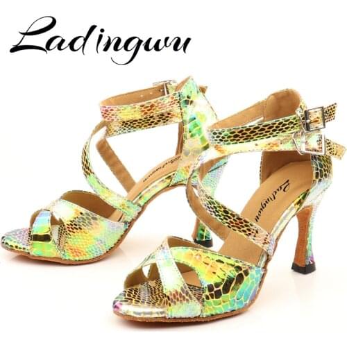 Ladingwu Dance Shoes Latin Women Salsa Shoes Dancing Party Wedding Ballroom Dance Shoes Laser PU Blue Gold Purple