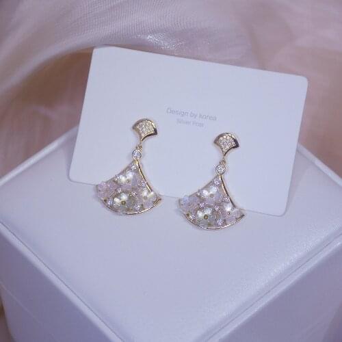 14k Real Gold Fashion Jewelry Crystal Fan-shaped Flower Exquisite Shiny Earrings for Woman Holiday Party Elegant Earring