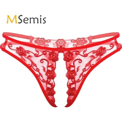 Womens Lingerie Open Crotch Lace Underwear Low Waist See-through T-back Briefs Underpants Flower Embroidery Crotchless Panties