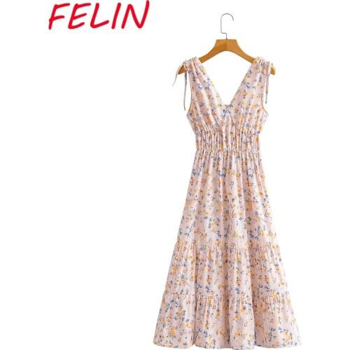 Women Vintage Za Flower Print Elastic V Neck Cami Dress Ruffles Summer Fashion 2021 Sleeveless Dresses Female Stylish Vestidos