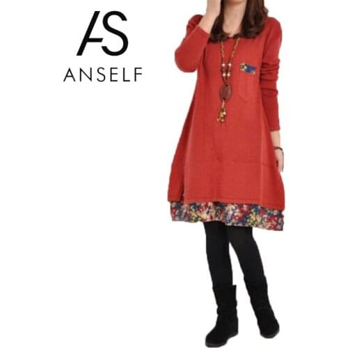 Large Size Dress Women Vintage Boho Dress O-Neck Pocket Floral Hem Long Sleeve Casual Loose Mini A Line Dresses Oversize 3XL 5XL