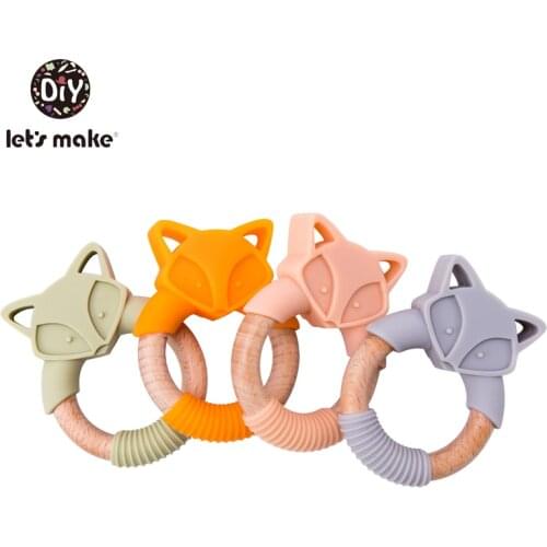 Lets Make Fox Teething Ring Baby Teethers Cartoon Shape Beech Wood BPA Free 1pc Baby Rattle Making Nursing Silicone Teethers