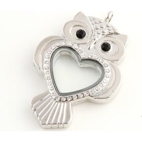 5PCS Silver Plated Rhinestone Animal Owl Shape Heart Magnetic Glass Floating Locket Necklace Pendant Women Jewelry