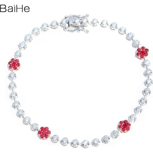 BAIHE Genuine Solid 14k White Gold Natural Rubis Natural Diamonds Flower Bracelet Sweet Delicate браслет Fine Jewelry Wedding