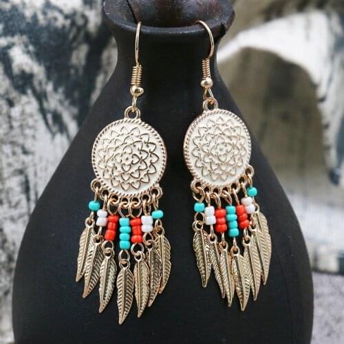 Bohemian Round Gold Flower Leaf Tassel Beaded Dangle Earrings Vintage Ethnic Boho Ladies Earrings 2020