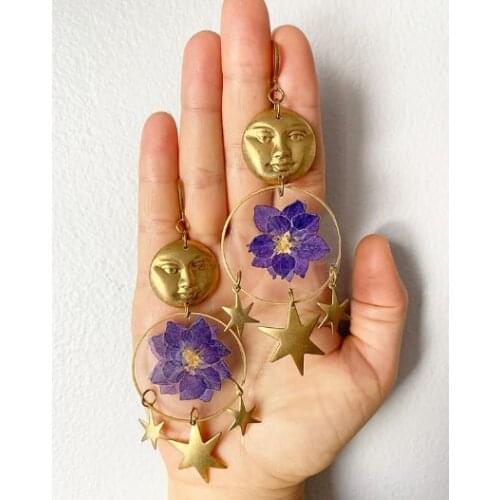 Flower Jewelry - Moon Star Jewellery - Celestial Jewellery,dried Flower Celestial Earrings