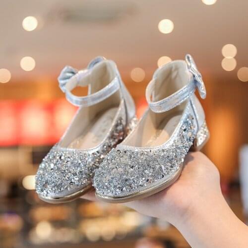 Princess Kids Leather Shoes for Girls Bow Glitter Crystal Children High Heel Shoes Butterfly Knot Sequins Rhinestone Dande Shoes