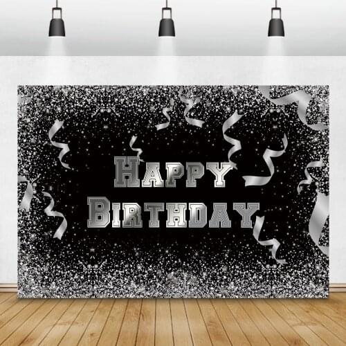 Photographic Backgrounds Silver Black Happy Birthday Party Ribbons Dots Poster Banner Portrait Photo Backdrop For Photo Studio
