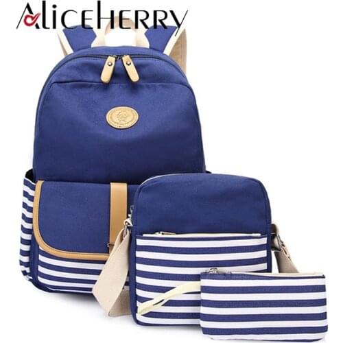 Korean women canvas backpack fashion stripe travel bags printing backpacks 3pcs/set blue pink laptop backpack for teenage girls