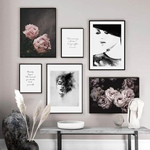 Rose Flower Canvas Wall Art Print Floral Nordic Fashion Poster Black White Woman Painting Girl Room Home Decoration Picture
