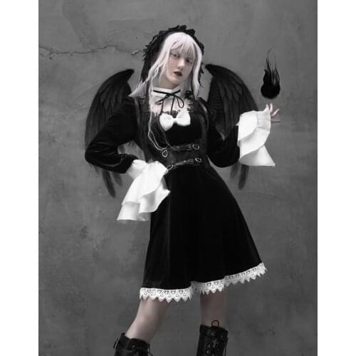 Original Gothic Black Girdle Velvet Full Flare Sleeve A-line Mini Dress Bow Tie Lace Turtleneck Punk Rave Dress Spring vintage