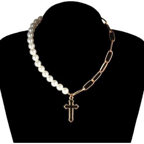 ZUOWEN Fashion Luxury Design Imitation Pearls Thick Chains Cross Pendant Choker Necklace for Women Punk Short Necklace Jewelry