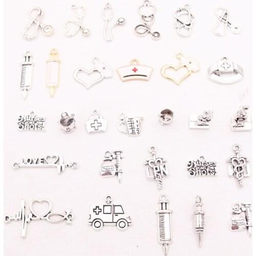 Popular Doctor & Nurse Supplies Metal Pendant, Nurse Cap Charm, Stethoscope Charm, Syringe Charm, Electrocardiogram Charm