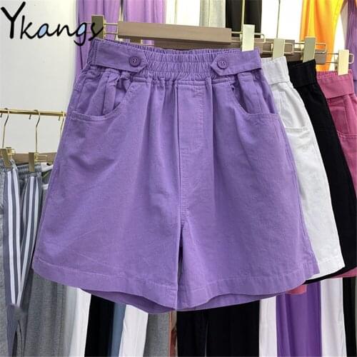 Plus Size 2 Buttons Elastic High Waist Pocket Purple Wide Leg Denim Shorts Summer Basic Solid Color Short Jeans Korean Hot Pants