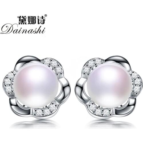 Dainashi 100% Genuine Natural Freshwater Pearl Stud Earrings Hot Sale 925 Sterling Silver Zircon Cross Earrings for Women