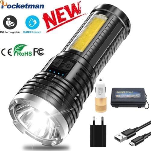 30000LM COB LED Flashlight USB Rechargeable Flashlight Torch Lanterna With Built-in Battery Waterproof Hand Light COB Work Light