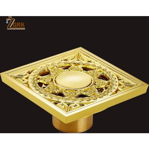 ZGRK Drains 10x10cm Square Gold Brass Bath Shower Drain Strainer Floor Cover Balcony Deodorant Grate Waste Bathroom Drains