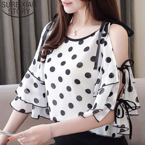 Blusas Chiffon Blouse Women Korean O-neck Off Shoulder Top Bow Ladies Tops Half Shirts Womens Tops Blouse Dot White Shirt 3096