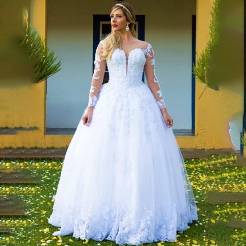 Sweetheart Long Sleeves Ball Gowns Chapel Train White Bridal Gowns with Crystals bestidos de novia Wedding Dress New