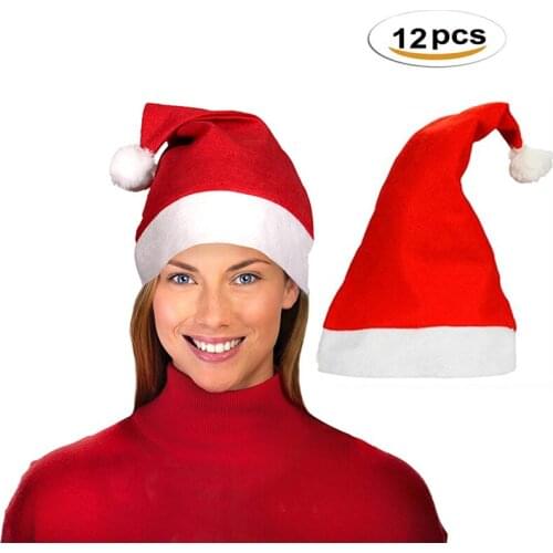 12pcs/set Unisex Christmas Santa Hat Traditional White & Red Xmas Santa Claus' Cap gift for Adult & kids Holiday Party Christmas