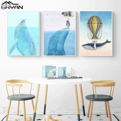 Nursery Flying Whale Baby Infants Nordic Prints & Posters Cartoon Animal Canvas Painting Kids Room Decorative Picture Wall Art