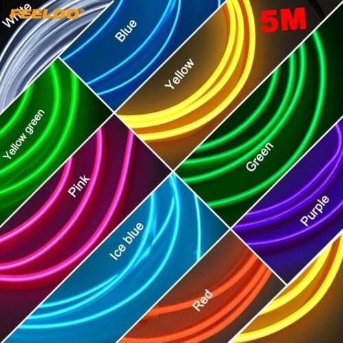 FEELDO 1PC 5M Car Decoration Flexible Moulding EL Neon Glow Lighting Rope Strip With Fin And Cigar Lighter 9-color #3596