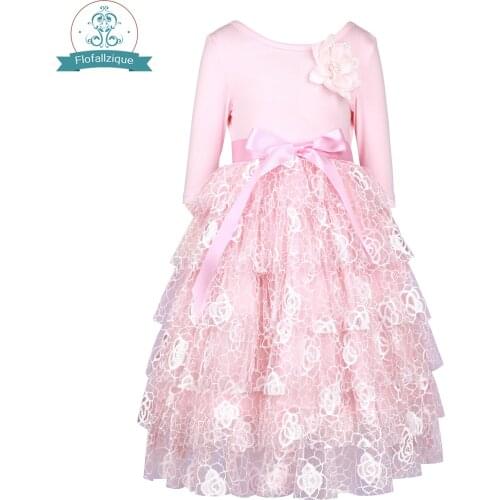 Flofallzique Long Sleeve Girls Dresses With Flower Decoration And Bow Belt Autumn Winter Casual Sweet Cute Kids Clothes