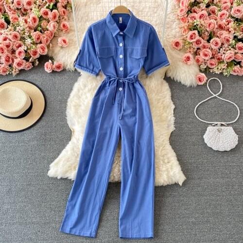 Cargo Playsuit Women Summer Fashion Solid Color High Waist Slim Was Thin Jumpsuit Female Long Length Footsuit Jumpsuit 2021