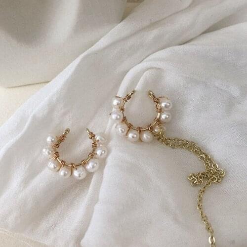 Korean Fashion Open Round Circle Cuff Pearl Clip On Earrings for Women Vintage Goth Tassel Chain Earcuff Fake Piercing Ear Cuff