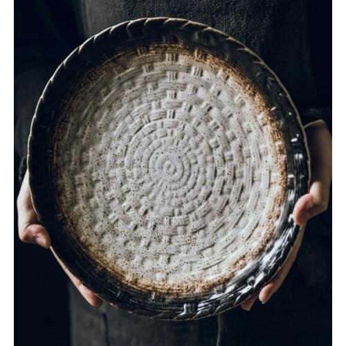 Round creative flat plate 10 inch Japanese simple dish plate Japanese restaurant ceramic plate shallow plate rice plate