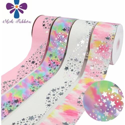 3 "75mm Silver Fantasy Pentastar Printing Solid / Gradient Holographic Ribbon Festival Party DIY Accessories 50 Yards / Roll